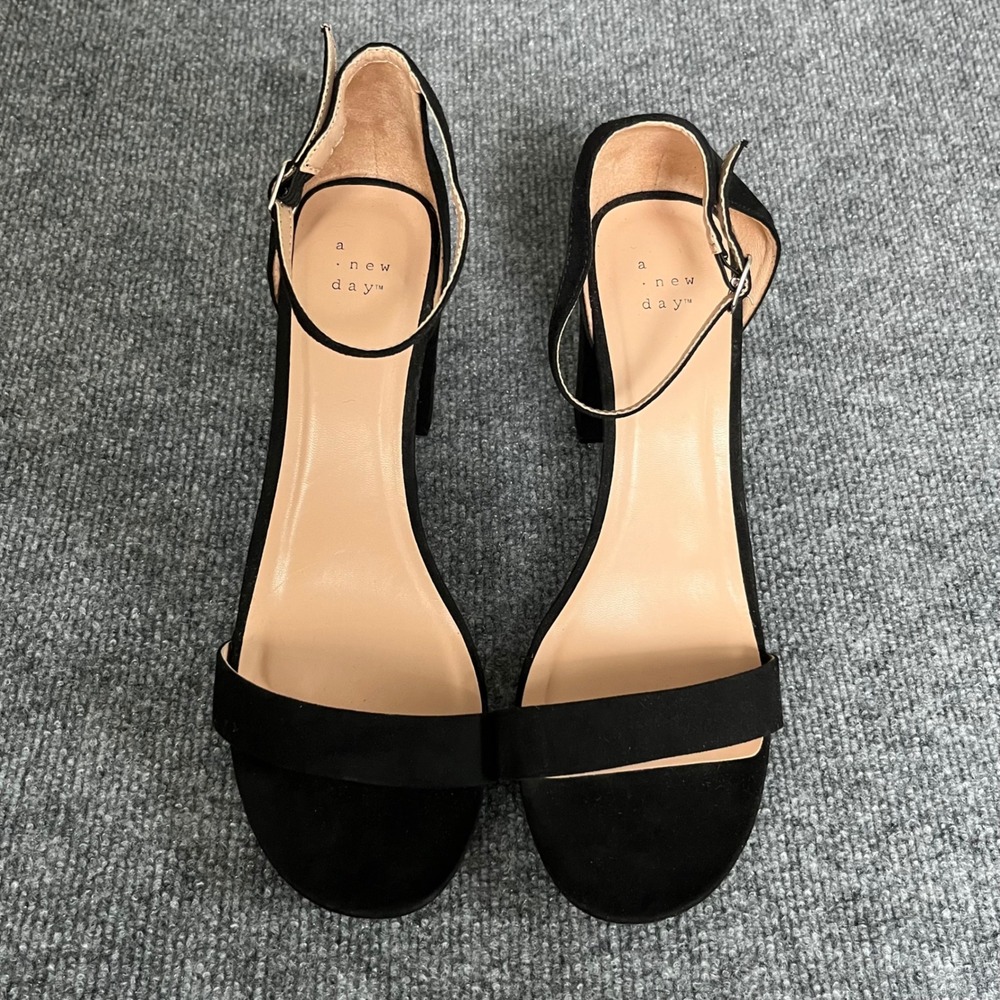 A New Day Black Faux Suede Block Heel Ankle Strap Sandals 12W